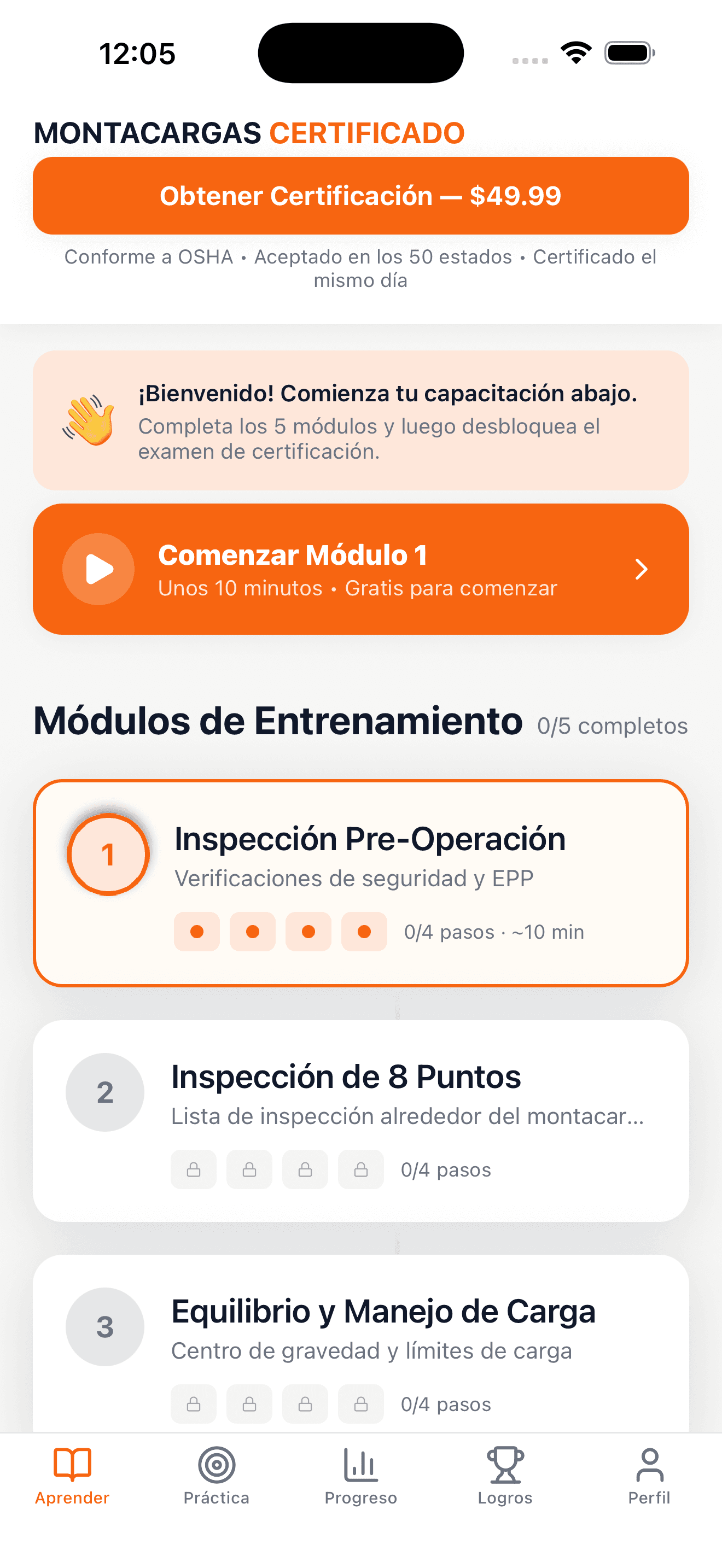Panel diario de capacitación de montacargas en un teléfono