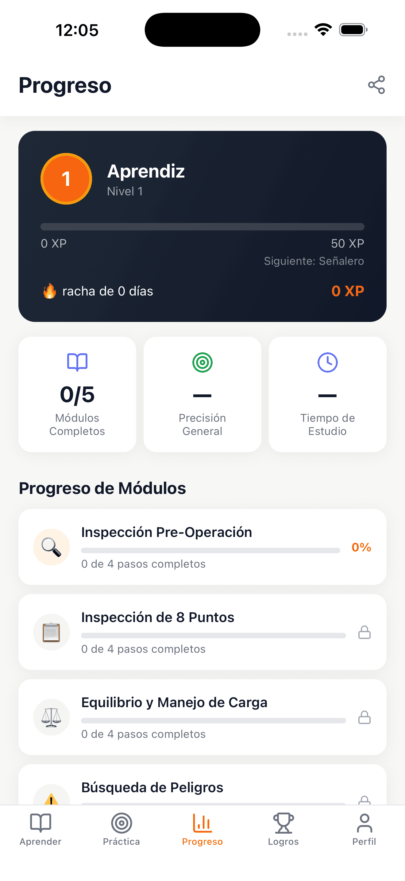 Panel de progreso de Certificación Montacargas mostrando preparación del certificado