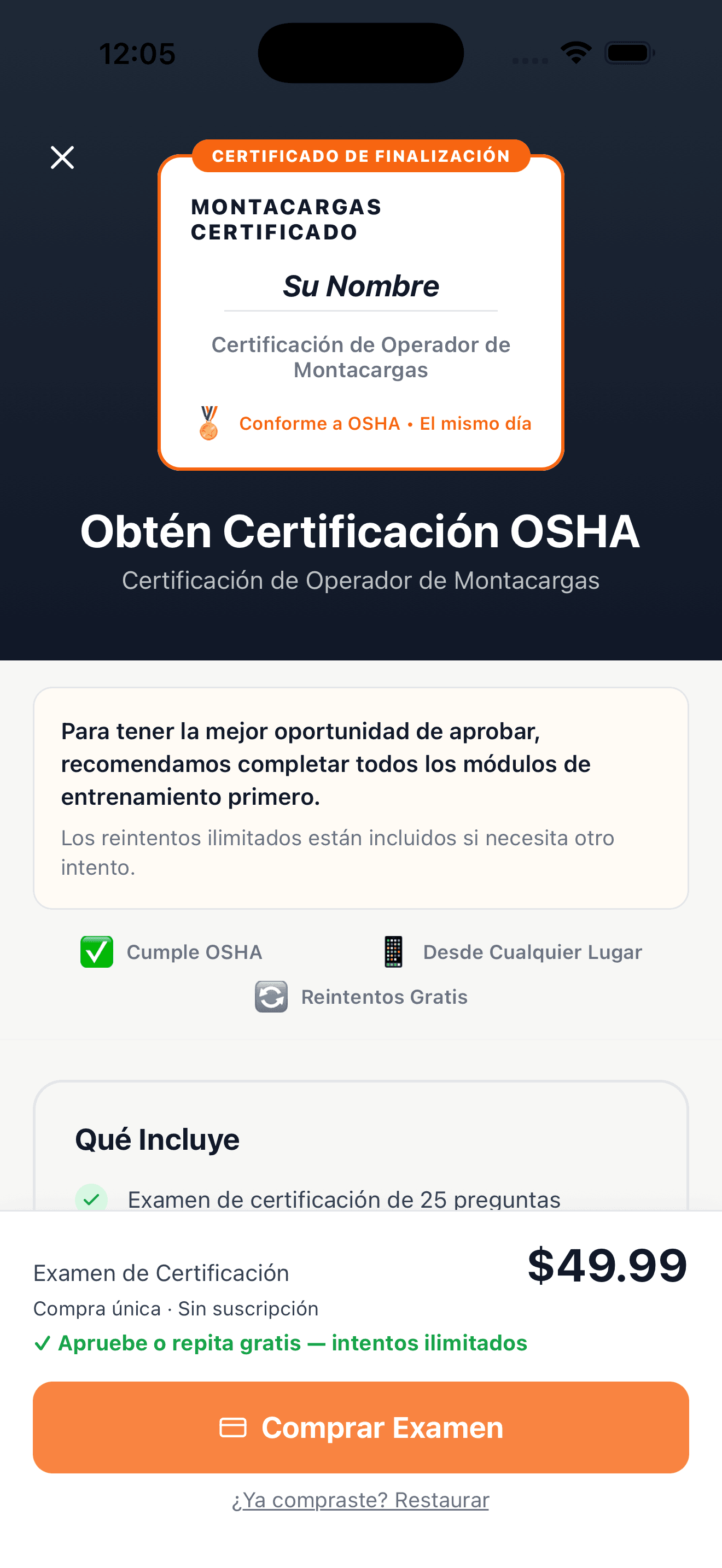 Vista previa del certificado y compra del examen de certificación